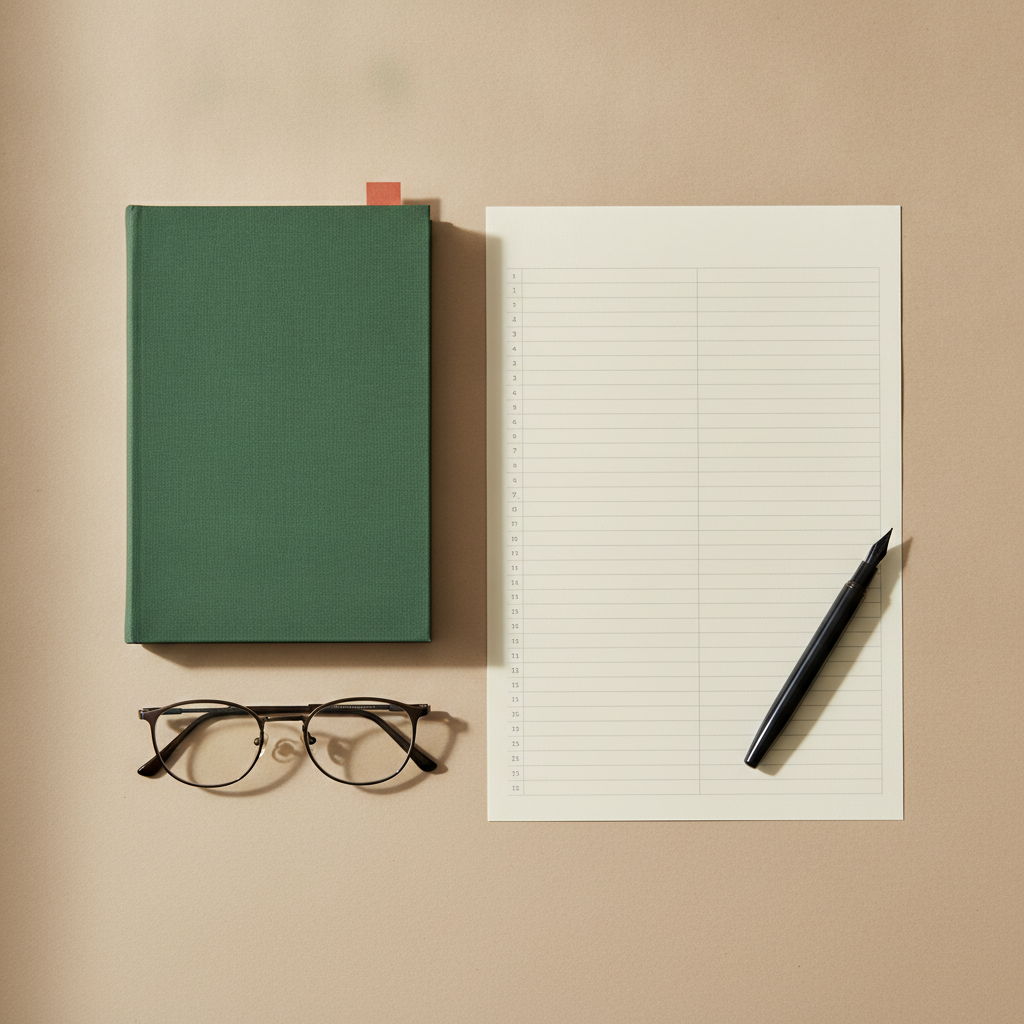 Moodboard: ruhige Aufsicht auf Papier, Buch, Formblatt mit nummerierter Marginalspalte, Terrakotta-Marker